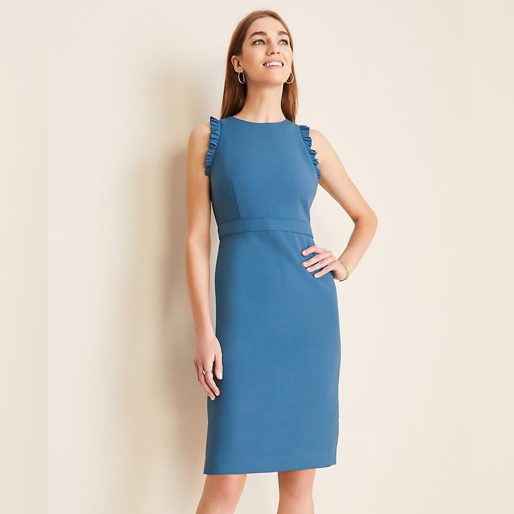 Ann Taylor Petite Pleat Trim Sheath Dress Blue Size 0